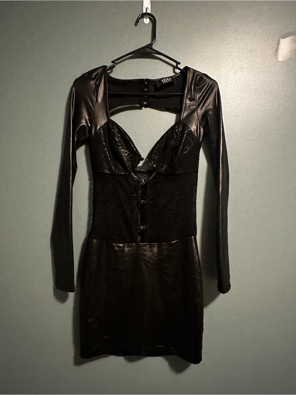 AKIRA cut-out Black Long Sleeve Faux Leather & lace Cutout Mini Dress small